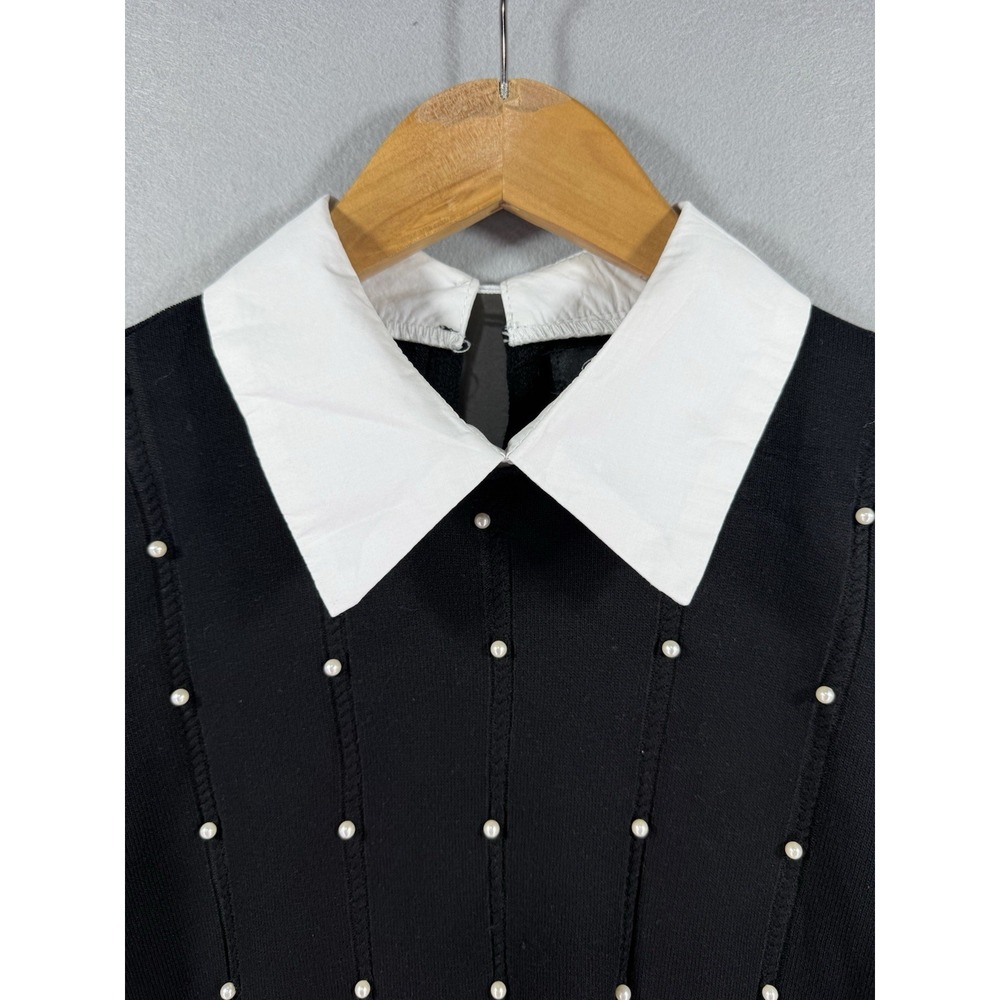 On 12th Crisp White Pointed Lapel Collar Black Knit Sweater Dark Academia Gothic - Picture 4 of 9